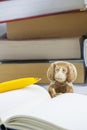 One toy monkey with notepad and pencil and many thick books Royalty Free Stock Photo