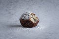 A single traditional Dutch oliebol (dough fritter) on a textured white background horizontal