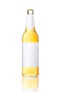 One transparent glass bottle with blank label. Light beer in bottle with condensed water drops Royalty Free Stock Photo