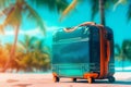 One travel suitcase ready for journey. Tropical beach with sunny sea and palm leafs in background. Generative AI