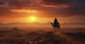 One Traveler\'s Camel Ride Through the Vast Desert Twilight. Generative AI