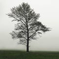 One tree in the field in the fog. One Single Lonely Tree in a Foggy Farm Field in the Morning Haze and Mist Royalty Free Stock Photo