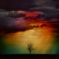 One tree in a field under dramatic night sky Royalty Free Stock Photo