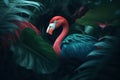 one tropical flamingo surrounded by exotic leavesn, color palette petrol and Bluegreen