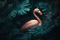 one tropical flamingo surrounded by exotic leavesn, color palette petrol and Bluegreen