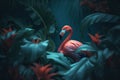 one tropical flamingo surrounded by exotic leavesn, color palette petrol and Bluegreen