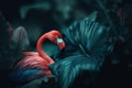 one tropical flamingo surrounded by exotic leavesn, color palette petrol and Bluegreen