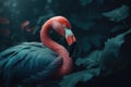 one tropical flamingo surrounded by exotic leavesn, color palette petrol and Bluegreen