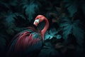 one tropical flamingo surrounded by exotic leavesn, color palette petrol and Bluegreen