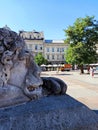 One of two lions outside the tower of the old town hall in Krakow, Poland Royalty Free Stock Photo