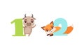 One and Two Numbers with Cute , Birthday Anniversary Numerals with Funny Calf and Fox Animals Cartoon Vector Royalty Free Stock Photo