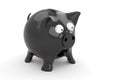 One very surprised black piggy bank with outstretched eyes on white backdrop