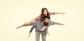 They are on one way dream. Happy family dream of flying. Bearded man and little child play in photo studio. Dream