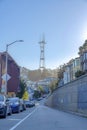 One-way street with roadside parking in a residential area at San Francisco, California