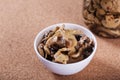 mushrooms in oil in ceramic bowl on white wooden background