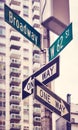 One Way traffic signs at Broadway road, color toning applied, New York City, USA