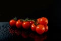 One wet fresh branch red cherry tomato in water drops on a black glossy background Royalty Free Stock Photo