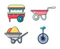 One wheel cart icon set, cartoon style
