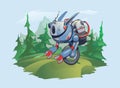 A one-wheel robot against the background of a mountain landscape. A robotic creature in the wild nature, a post