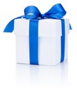 One White boxs tied Blue satin ribbon bow on white Royalty Free Stock Photo