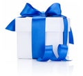 One White boxs tied Blue satin ribbon bow on white Royalty Free Stock Photo