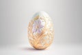 One white easter egg with beautiful gold floral pattern standing on light background. Generative AI Royalty Free Stock Photo