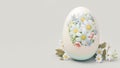One white easter egg with beautiful floral pattern standing on light background. Generative AI Royalty Free Stock Photo