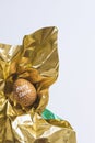 One white egg wrapped in metallic shiny gold paper on white background