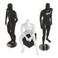 One white faceless mannequin guy sits on a black box and two black mannequin guys stand on each side. View from above. 3D