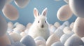 One white fluffy Easter rabbit animal hare sits close-up against a blue background. There are plenty of chicken white eggs around
