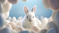 One white fluffy Easter rabbit animal hare sits close-up against a blue background. There are plenty of chicken white eggs around