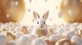 One white fluffy festive Easter bunny with a golden hare bow sits close-up against a beige background.