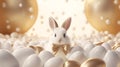 One white fluffy festive Easter bunny with a golden hare bow sits close-up against a beige background