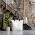 One white tote bag mockup in living room, stone, stairs, rustic.