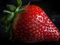 One whole fresh red strawberry with leaf on a black background. Delicious juicy berry close-up, the realistic macro Royalty Free Stock Photo