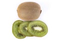 One whole kiwi and three sliced kiwi mugs in a row on a white background Royalty Free Stock Photo