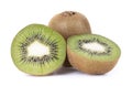 One whole kiwi and two sliced halves on a white background Royalty Free Stock Photo