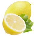 One whole lemon and half with leaves isolated on white Royalty Free Stock Photo