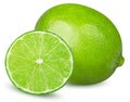 One whole lime and slice of lime fruit isolated on white background Royalty Free Stock Photo