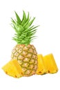 One whole pineapple and pieces isolated on white background