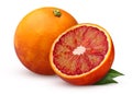 One whole red blood oranges and half isolated on white background Royalty Free Stock Photo