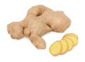 One whole and slices of ginger (isolated)