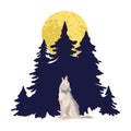 One wolf howls to moon against the background of a dark forest. Wild beast at night. Vector character illustration Royalty Free Stock Photo