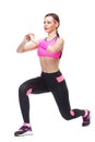One woman exercising workout fitness aerobic exercise abdominal push ups posture on studio isolated white background. Royalty Free Stock Photo