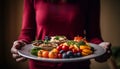 One woman holding a plate of fresh, organic vegetable salad generated by AI Royalty Free Stock Photo