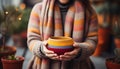 One woman holding a pottery mug, smiling, enjoying hot tea generated by AI Royalty Free Stock Photo