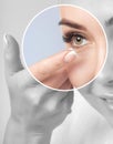 One woman holds contact lens on her finger. Eye care and the choice between the means to improve vision