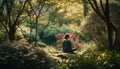 One woman meditating in serene forest, enjoying beauty in nature