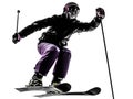 One woman skier skiing jumping silhouette Royalty Free Stock Photo