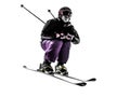 One woman skier skiing jumping silhouette Royalty Free Stock Photo